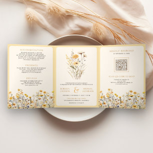 Convite Com Dobra Tripla Casamento Foto Código QR Flor Silvestre Boho Amare