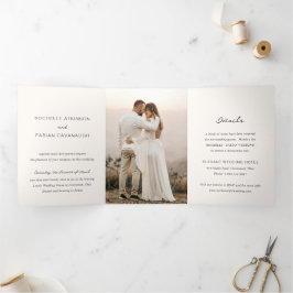 Convite Com Dobra Tripla Casamento Foto Creme Simples Elegante