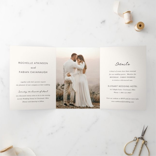 Convite Com Dobra Tripla Casamento Foto Creme Simples Elegante (Dentro)