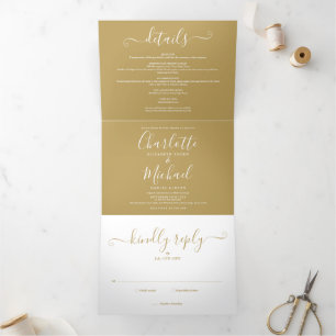 Convite Com Dobra Tripla Casamento Foto Dourado Elegante Rótulo de Script