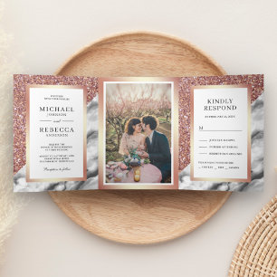 Convite Com Dobra Tripla Casamento Foto Mármore Cinza Brilho Dourado Rosa