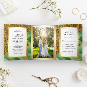 Convite Com Dobra Tripla Casamento Foto Mármore Verde Mint Brilho Dourado