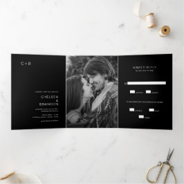 Convite Com Dobra Tripla Casamento Foto Monograma Preto Moderno