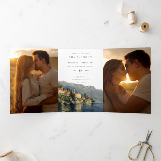 Convite Com Dobra Tripla Casamento Foto QR Code 3 Lago de Como Itália (Dentro)