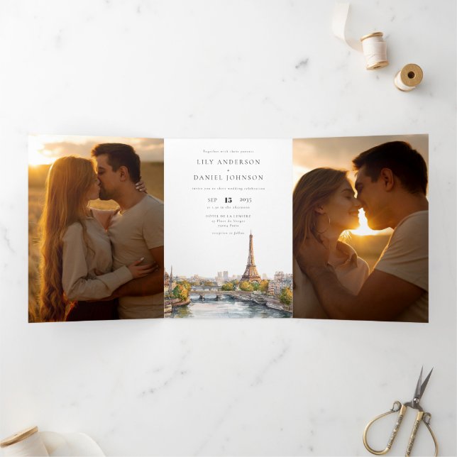 Convite Com Dobra Tripla Casamento Foto QR Code 3 Paris França (Dentro)
