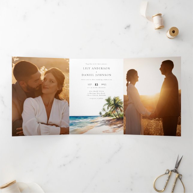 Convite Com Dobra Tripla Casamento Foto QR Code 3 Praia Tropical (Dentro)