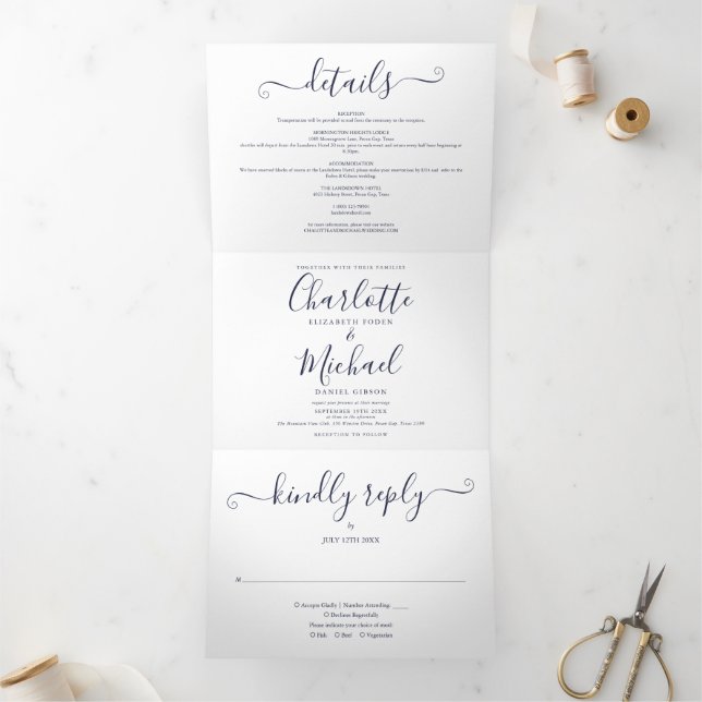 Convite Com Dobra Tripla Casamento Foto Script Azul Naval Elegante (Dentro)