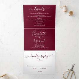 Convite Com Dobra Tripla Casamento Foto Script Minimalista Elegante Borgonh