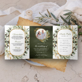 Convite Com Dobra Tripla Casamento Fotográfico de Folhas Douradas Rustic Ol