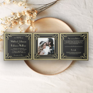 Convite Com Dobra Tripla Casamento Fotográfico de Retrô de Vintage