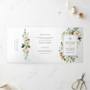 Convite Com Dobra Tripla Casamento Fotográfico multifuncional com aquarela