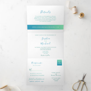 Convite Com Dobra Tripla Casamento Fotográfico Teal Minimalista