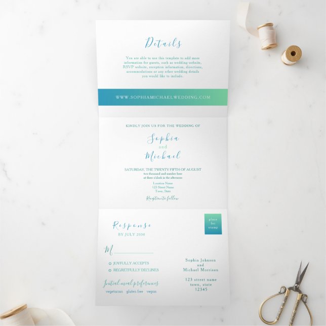 Convite Com Dobra Tripla Casamento Fotográfico Teal Minimalista (Dentro)