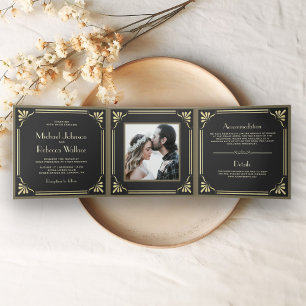 Convite Com Dobra Tripla Casamento Fotográfico Vintage Flourish Art Deco