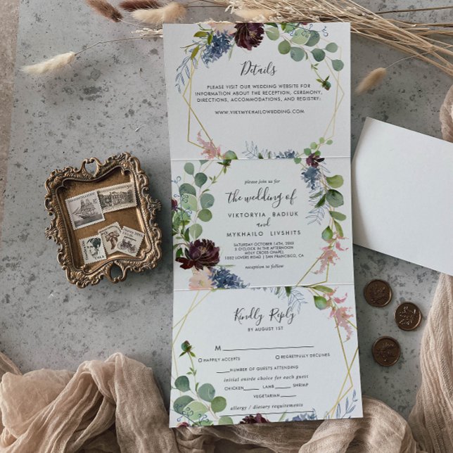 Convite Com Dobra Tripla Casamento Geométrico Dourado Burgundy (Criador carregado)