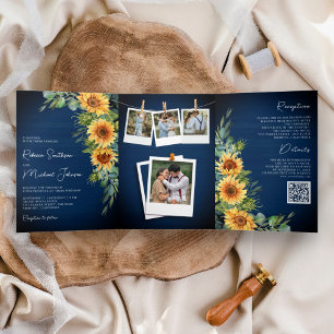 Convite Com Dobra Tripla Casamento Girassóis Eucalipto Código QR Azul Marin