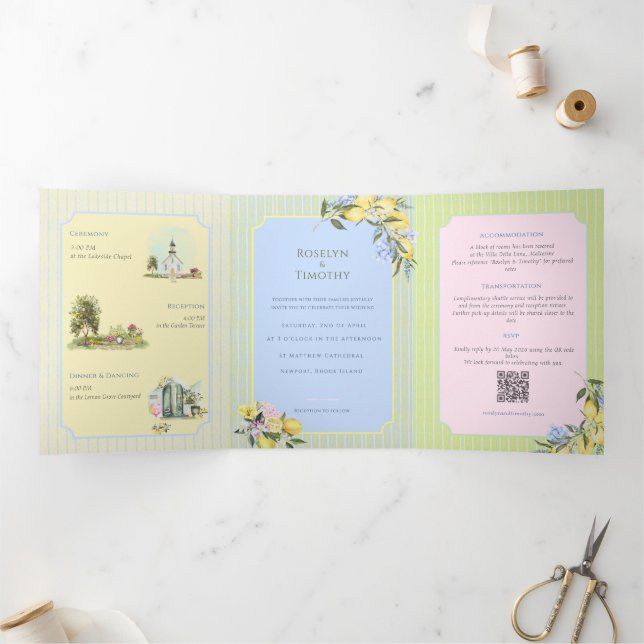 Convite Com Dobra Tripla Casamento Ilustração Aquarela Azul Cítrico (Dentro)