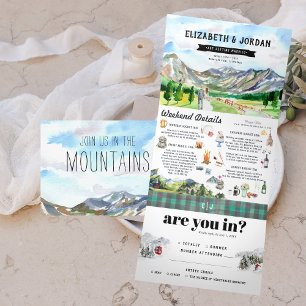 Convite Com Dobra Tripla Casamento Ilustrado das Montanhas Rústicas