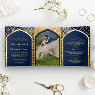 Convite Com Dobra Tripla Casamento Indiano ao Estilo Bollywood em Azul e Do