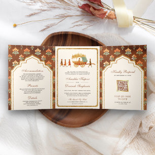Convite Com Dobra Tripla Casamento Indiano Carruagem Dourada Rainha Vintage