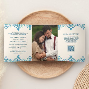 Convite Com Dobra Tripla Casamento Indiano Código QR Damask Azul Marfim