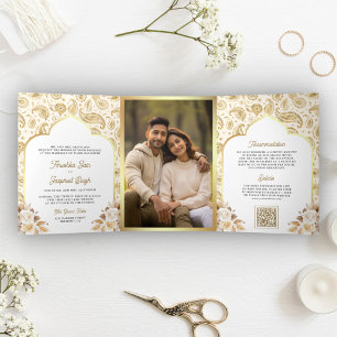 Convite Com Dobra Tripla Casamento Indiano Código QR Floral Paisley Dourado