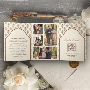 Convite Com Dobra Tripla Casamento Indiano Cream Brown Ikat Tudo em Um