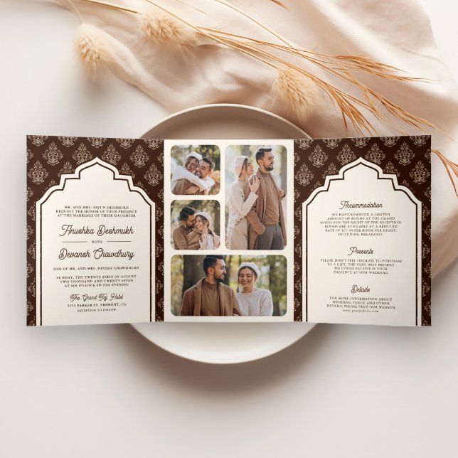 Convite Com Dobra Tripla Casamento Indiano Da Colagem De Fotos Cream Brown  (Criador carregado)