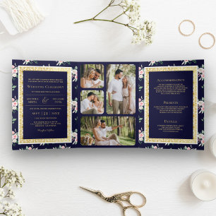 Convite Com Dobra Tripla Casamento Indiano Dourado Floral Azul Escuro Tudo 