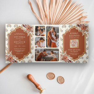 Convite Com Dobra Tripla Casamento Indiano Floral Laranja Queimado de Terra