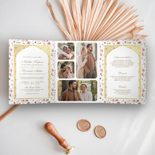 Convite Com Dobra Tripla Casamento Indiano Floral Terroso Tudo em Um Dourad