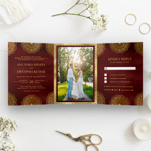 Convite Com Dobra Tripla Casamento Indiano Mandala Asiático Vermelho Borgon