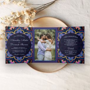 Convite Com Dobra Tripla Casamento Indiano Mandala Azul Amarelo Roxo Foto