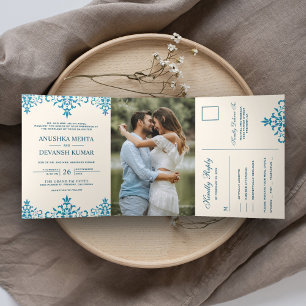 Convite Com Dobra Tripla Casamento Indiano Tradicional Azul Elegante