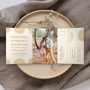 Convite Com Dobra Tripla Casamento Indiano Tradicional Mandala Marrom Elega