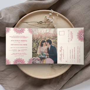 Convite Com Dobra Tripla Casamento Indiano Tradicional Mandala Rosa Elegant