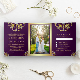 Convite Com Dobra Tripla Casamento Indiano Tradicional Mandala Roxo e Doura