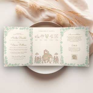 Convite Com Dobra Tripla Casamento Indiano Tradicional Pastel Elefante Bara