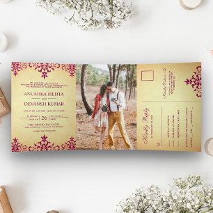 Convite Com Dobra Tripla Casamento Indiano Tradicional Rosa Vintage Damask