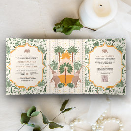Convite Com Dobra Tripla Casamento Indiano Tudo em Um Floresta Tropical Ele