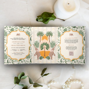 Convite Com Dobra Tripla Casamento Indiano Tudo em Um Floresta Tropical Ele