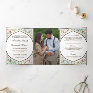 Convite Com Dobra Tripla Casamento Índio com Arca Floral Ornamentado Castan