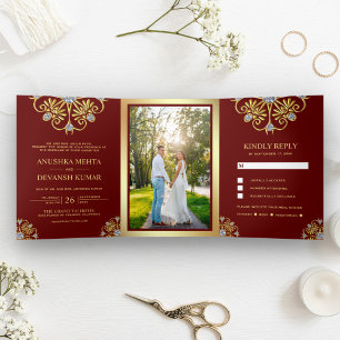 Convite Com Dobra Tripla Casamento índio de Mandala Vermelho e Dourado Trad