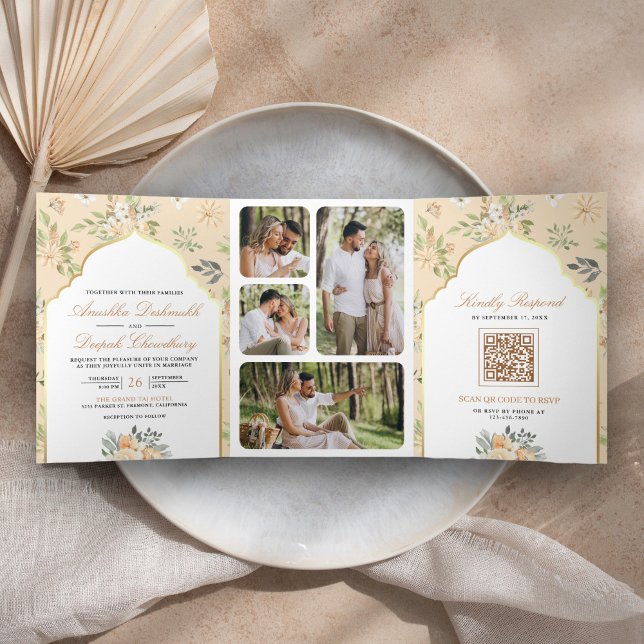 Convite Com Dobra Tripla Casamento índio do Código QR Floral do Pastel Peac (Criador carregado)