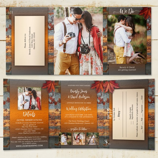 Convite Com Dobra Tripla Casamento Industrial do Autumn Leaves (Tri-fold wedding invitation featuring your photos framed by an industrial rustic autumn design)