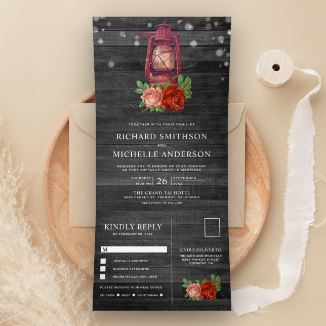 Convite Com Dobra Tripla Casamento Lanterna a Óleo Floral Rústico Vintage (Criador carregado)