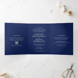 Convite Com Dobra Tripla Casamento Legante do Código QR Azul do Marinho Mod