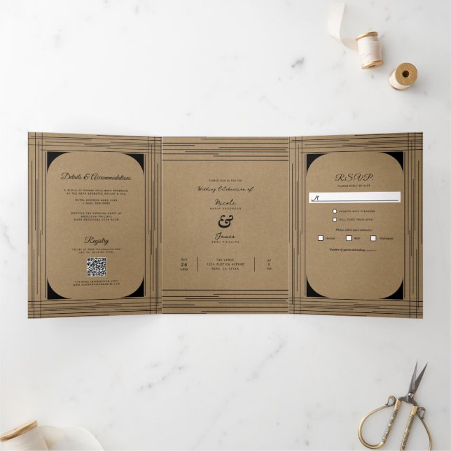 Convite Com Dobra Tripla Casamento Linhas Modernas Kraft Preto (Dentro)