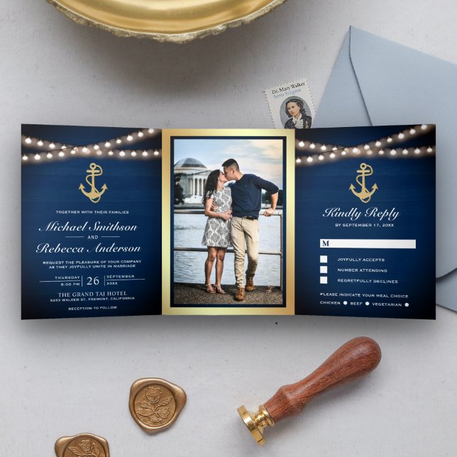 Convite Com Dobra Tripla Casamento Luzes Âncora Ouro Náutico Madeira Azul M (Criador carregado)