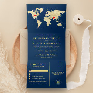 Convite Com Dobra Tripla Casamento Mapa Mundial Azul Naval Dourado Tudo em